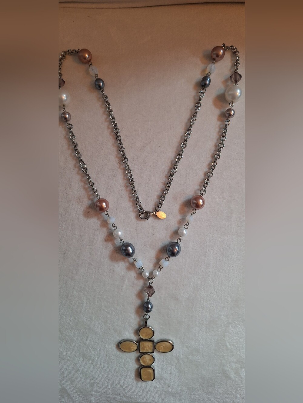 Multi-Tone Pearl Drop Cross Necklace - Pink, Gray, White